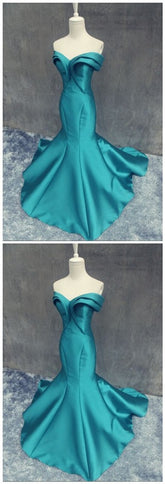 Unique Off Shoulders Turquoise Mermaid Prom Dress - DollyGown